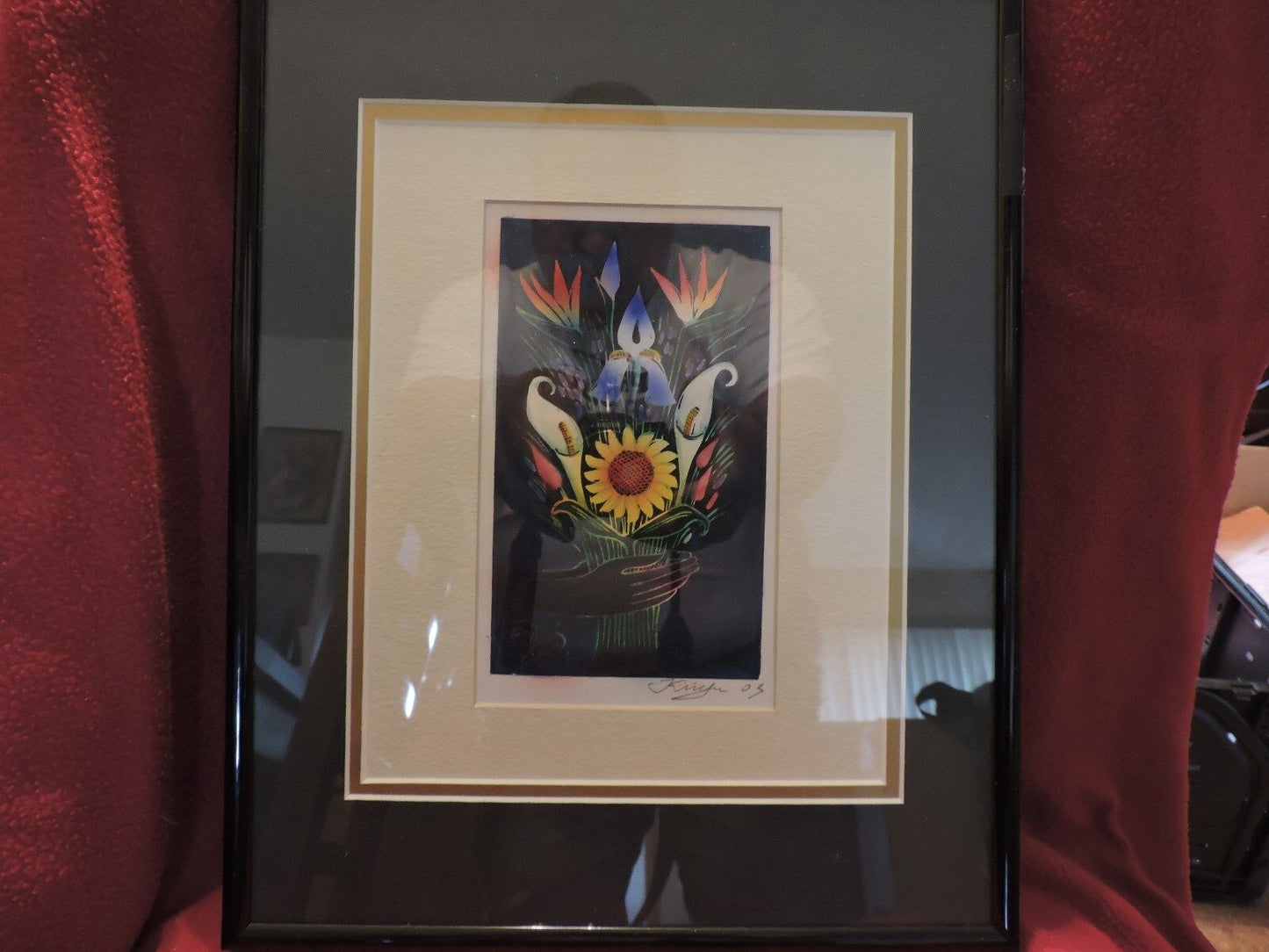 Framed and Signed floral fine hand color engraving