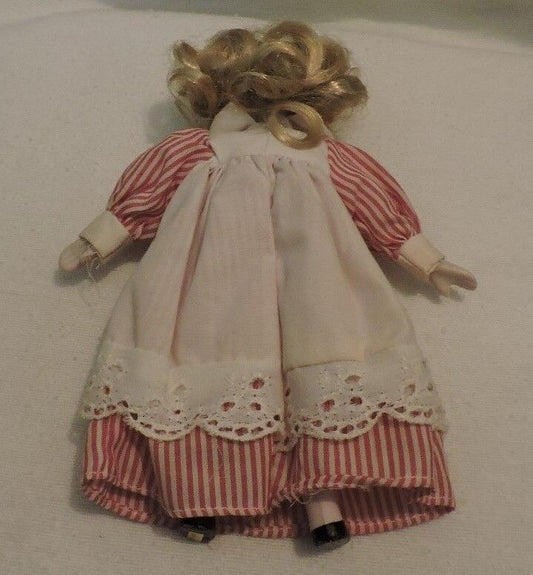 Vintage Blonde Porcelain Doll with Original Red and White Striped l Dress
