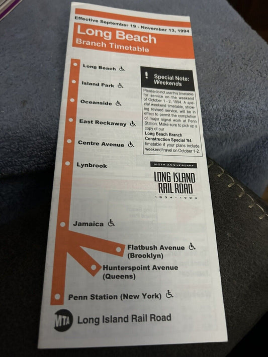TIMETABLE: LONG ISLAND RAIL ROAD: LONG BEACH 9/19-11/13, 1994
