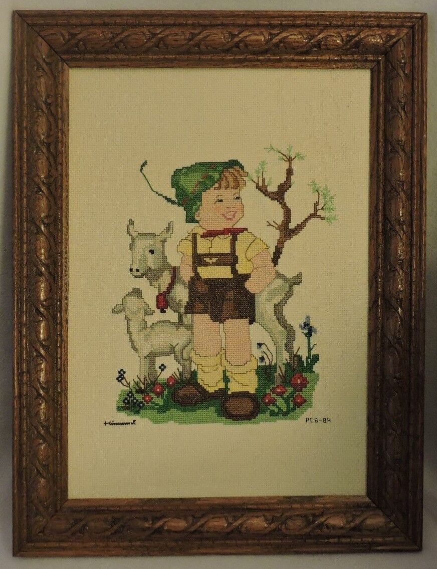 Framed and Signed (Himmel) Needle Point Portrait of Boy with Animals 1984