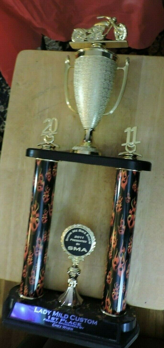LADY MILD CUSTOM 1ST PLACE BIKE RIDING TROPHY  2011    22X8.5X5 INCHES