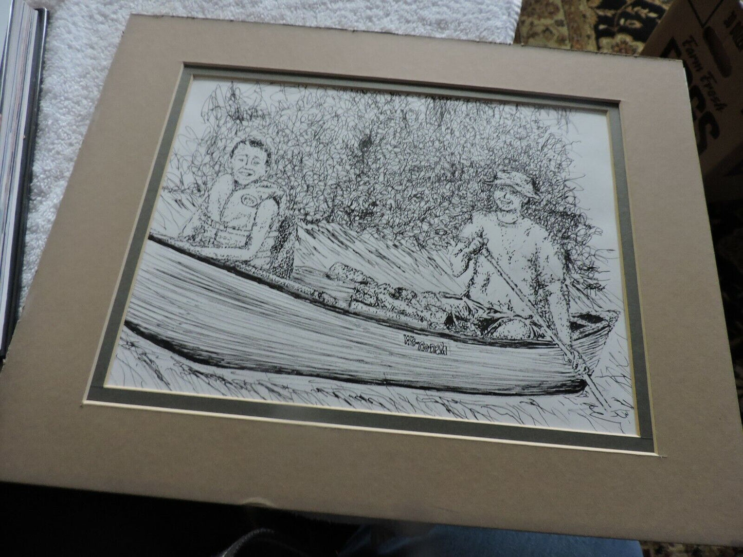 ART  PRINT:   MAN  AND BOY IN CANOE,  MATTED,  ARTIST UNKNOWN