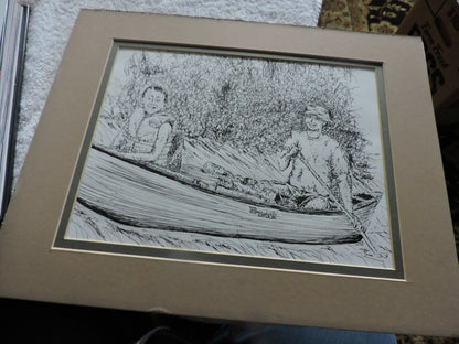 ART  PRINT:   MAN  AND BOY IN CANOE,  MATTED,  ARTIST UNKNOWN