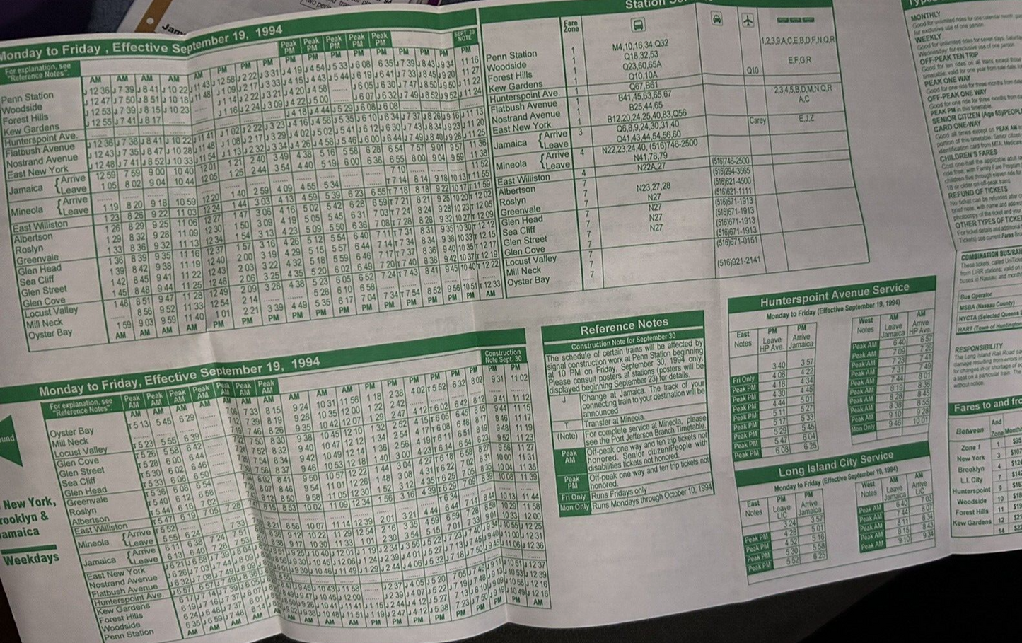 TIMETABLE: LONG ISLAND RAIL ROAD OYSTER BAY 9/19-11/13, 1994