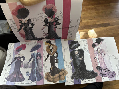 THREE SHEETS OF BEAUTIFUL OUTFITS--NO DOLL--BEULALI PEEL ME A GRAPE