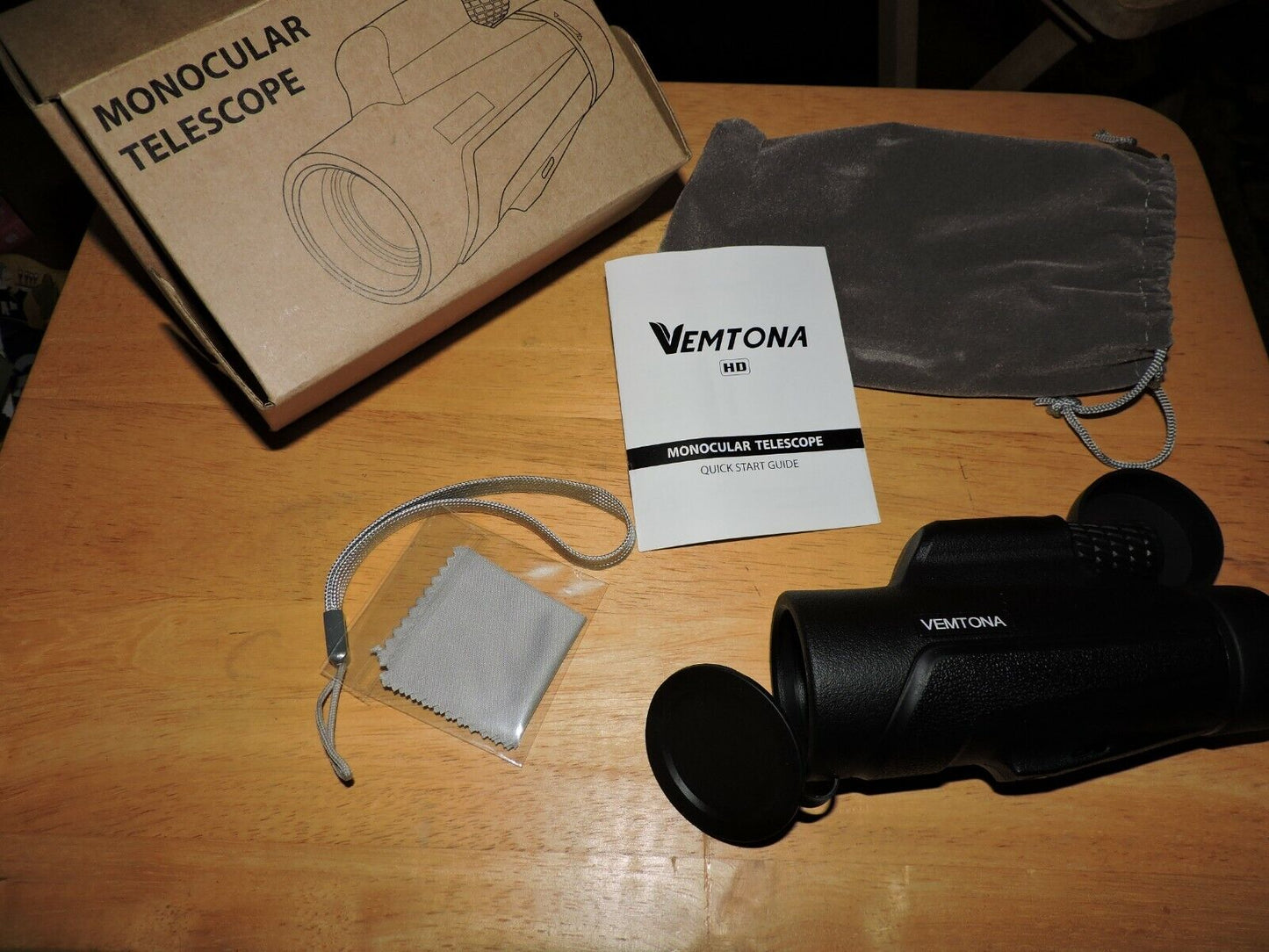 MONOCULAR TELESCOPE--NEW--WITH  QUICK START GUIDE, BAG, STRAP, AND CLEANING CLOT