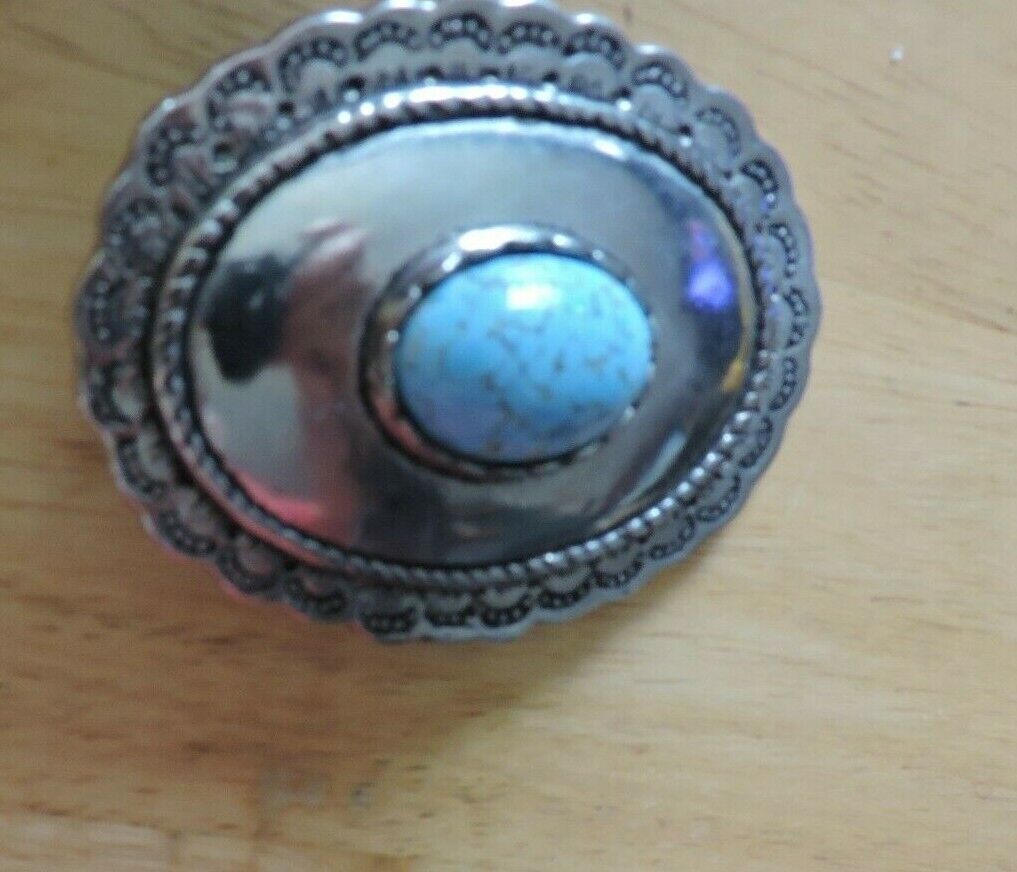 HANDMADE OVAL SHAPE PEWTER BELT BUCKLE WITH TURQUOISE  OVAL STONE 3 X 2.5