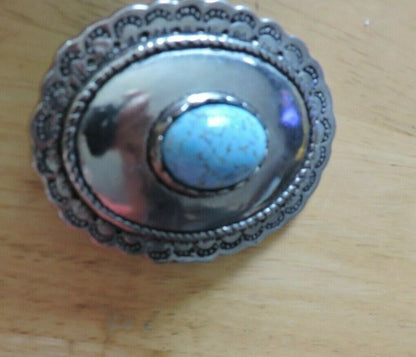 HANDMADE OVAL SHAPE PEWTER BELT BUCKLE WITH TURQUOISE  OVAL STONE 3 X 2.5