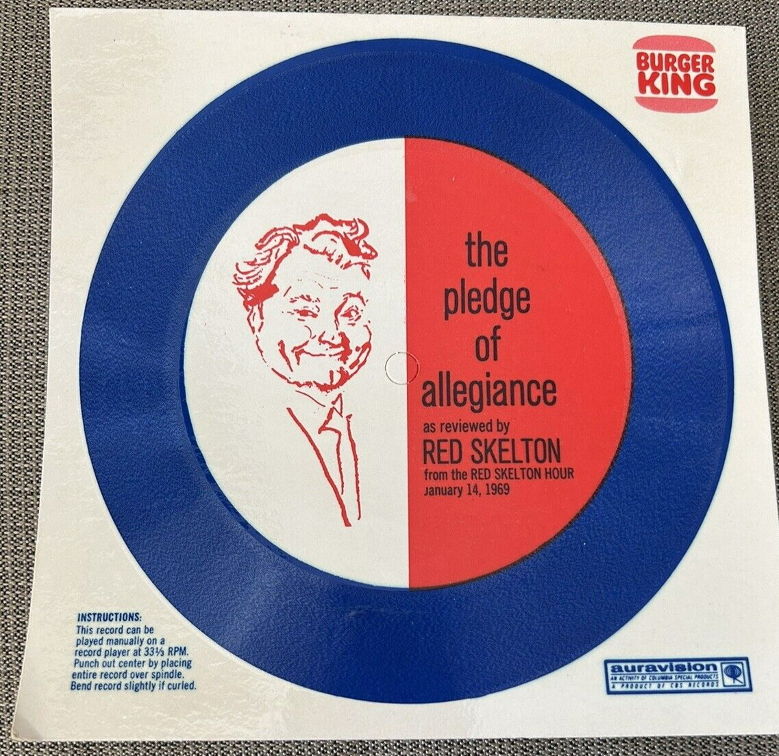 Vintage 33 1/3 RPM: The Pledge of Allegiance by Red Skelton (Burger King)