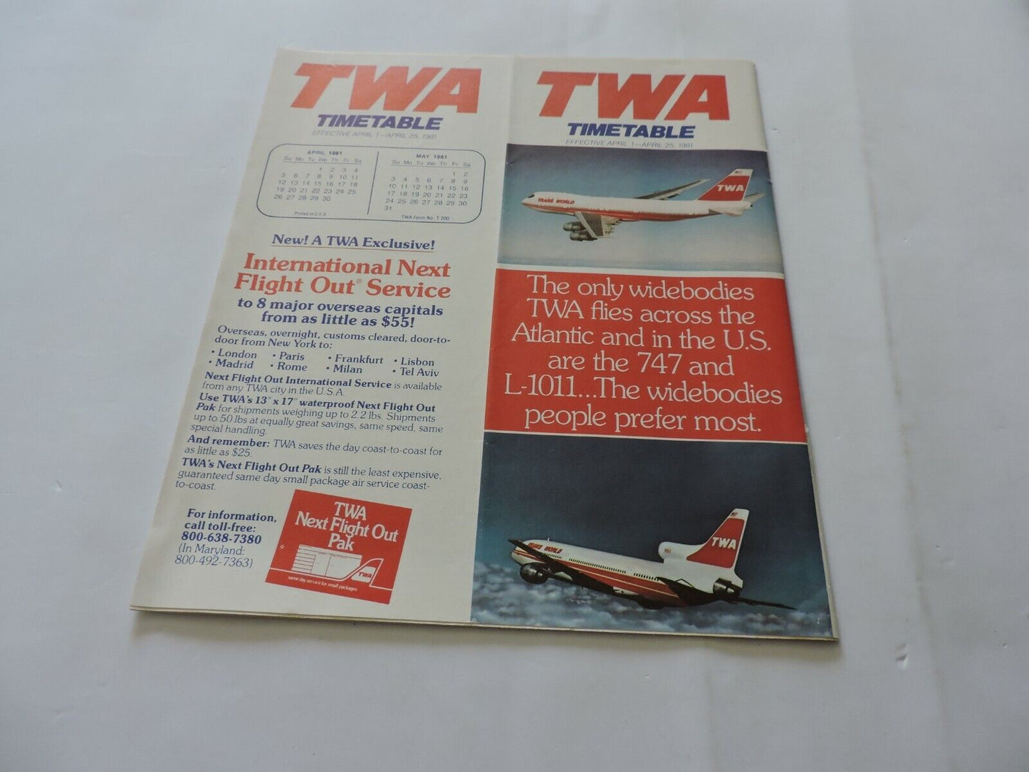 TWA  TIMETABLE APRIL1-25, 1981