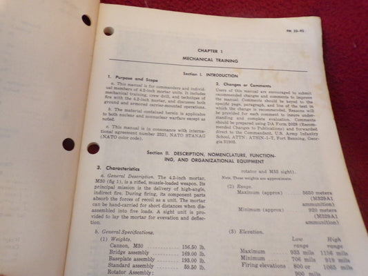 Vintage (1970) Army Field Manual: 4.2 Inch Mortar, M30 Training Manual