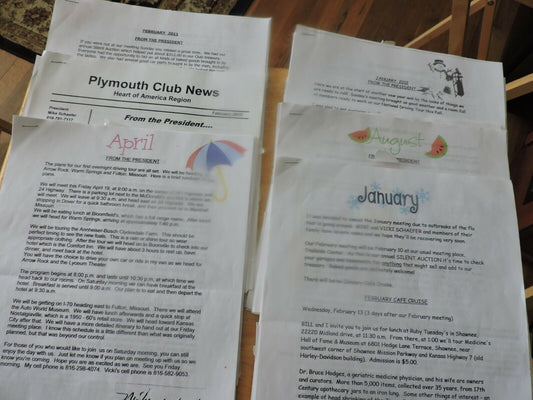 HEART OF AMERICA PLYMOUTH CLUB NEWS--VARIOUS NEWSLETTERS FROM 2010-2014 (18)