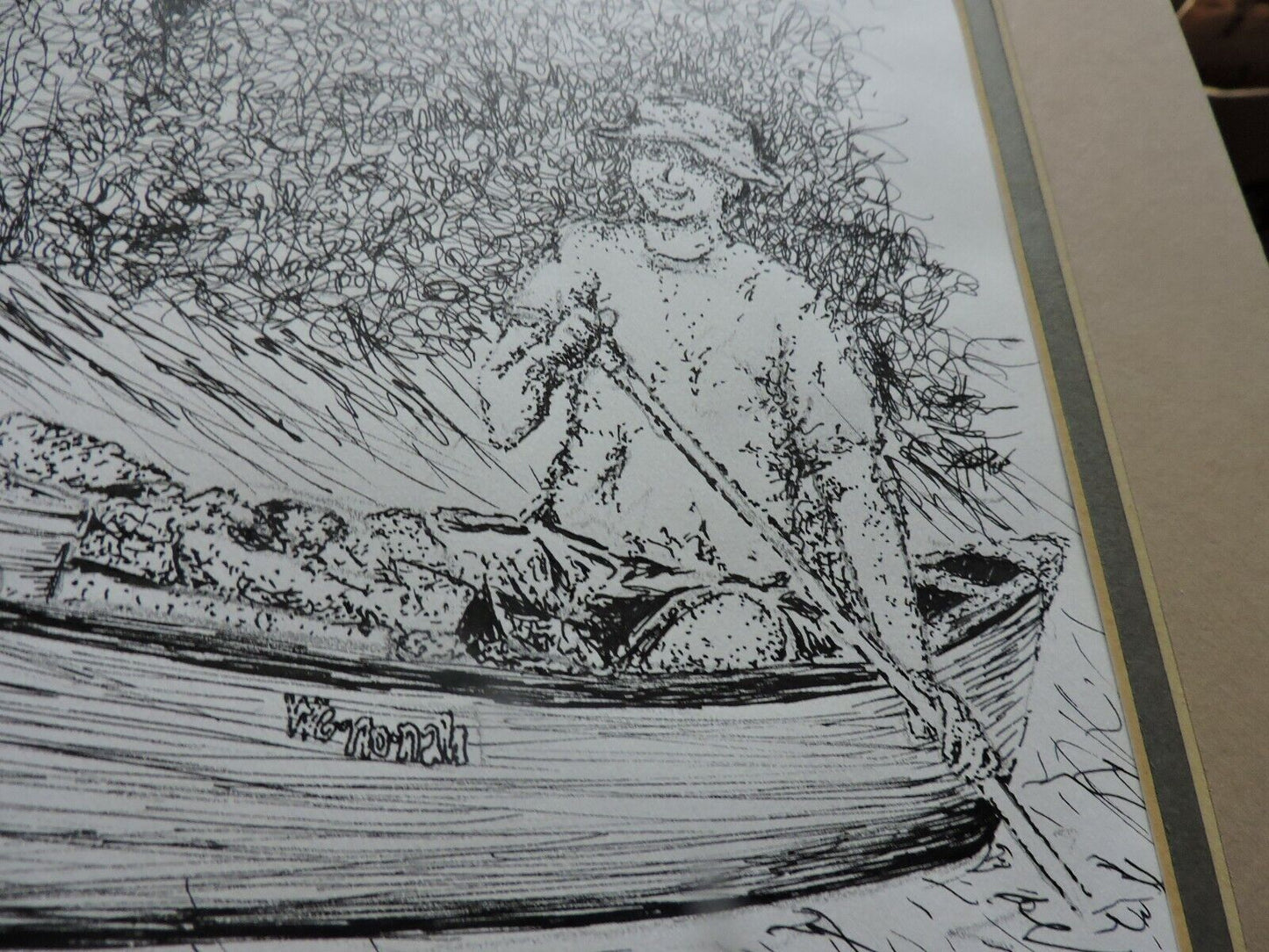 ART  PRINT:   MAN  AND BOY IN CANOE,  MATTED,  ARTIST UNKNOWN