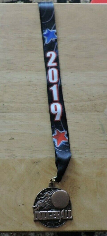 DODGEBALL  2 INCH  MEDAL WITH 2019  BLACK RIBBON  ENGRAVABLE