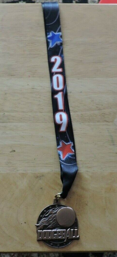 DODGEBALL  2 INCH  MEDAL WITH 2019  BLACK RIBBON  ENGRAVABLE