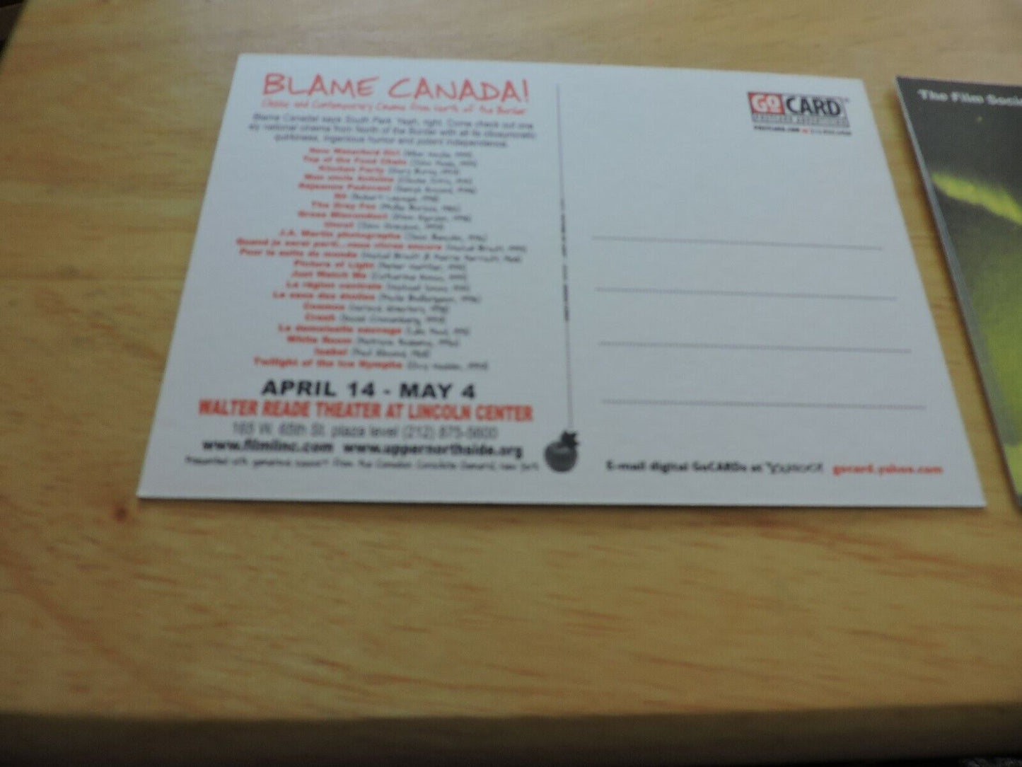 BLAME CANADA-FILM SOCIETY OF LINCOLN CENTER--  ADVERTISEMENT POST CARD