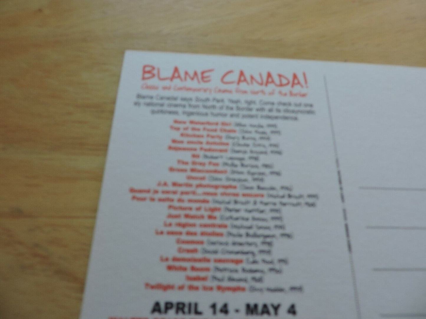 BLAME CANADA-FILM SOCIETY OF LINCOLN CENTER--  ADVERTISEMENT POST CARD