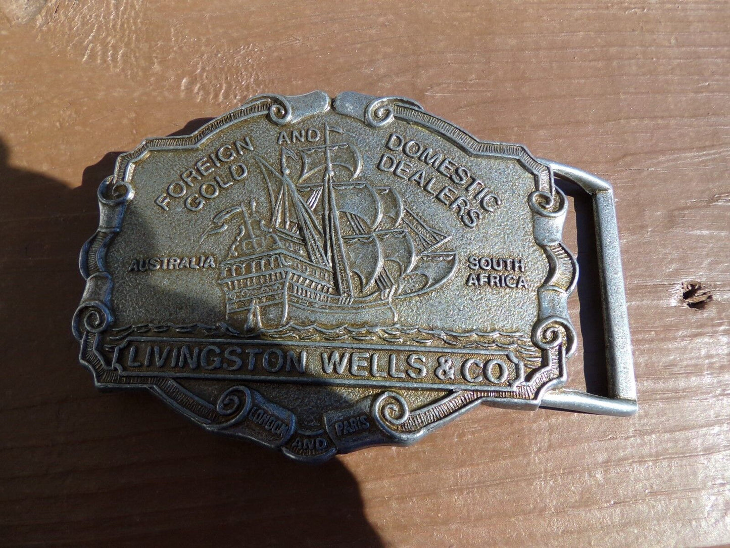 Livingston Wells & Co Foreign & Domestic Gold Dealers Advertising Belt Buckle