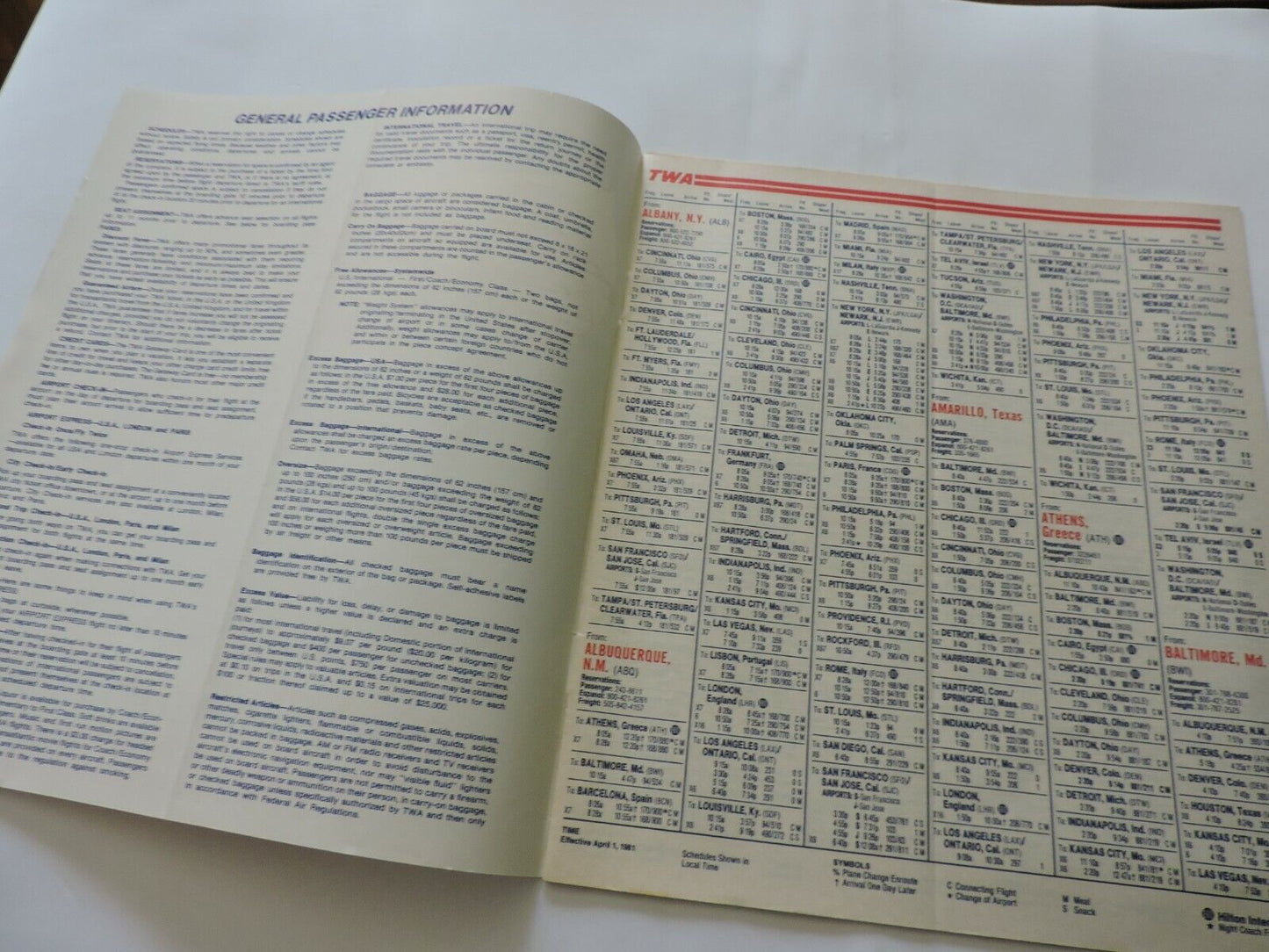 TWA  TIMETABLE APRIL1-25, 1981
