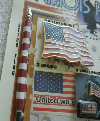 PATRIOT PACKAGE: 2 STICK FLAGS, BELT BUCKLE, MAGNET, 3 FLAG DECALS, 3 LAPEL PINS