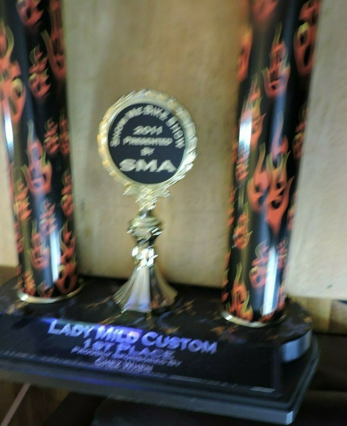 LADY MILD CUSTOM 1ST PLACE BIKE RIDING TROPHY  2011    22X8.5X5 INCHES