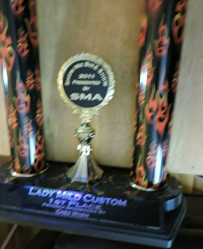 LADY MILD CUSTOM 1ST PLACE BIKE RIDING TROPHY  2011    22X8.5X5 INCHES