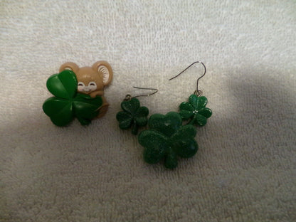 Vintage Set of 4-Leaf Clover Earrings and 2 3 Leaf Clover Lapel Pins Lot