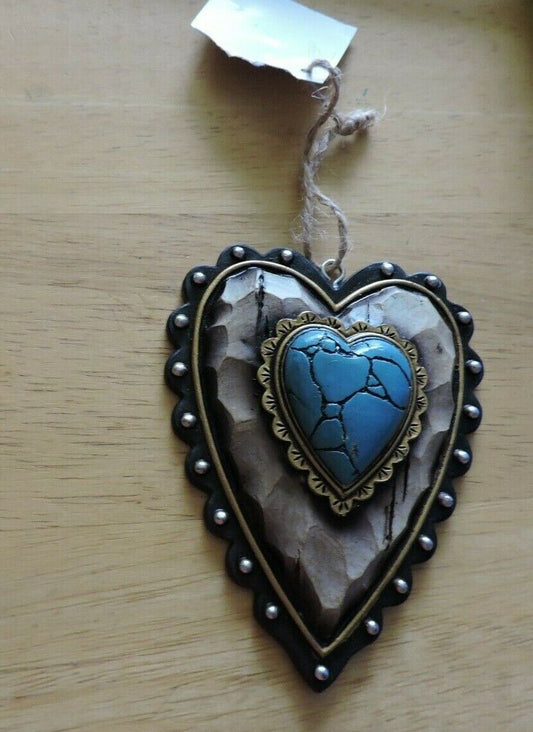 WOOD HEART SHAPE ORNAMENT WITH TURQUOISE HEART SHAPE STONE 4X3 INCHES  2014
