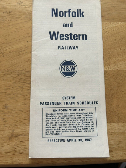 NORFOLK AND WESTERN RAILWAY SYSTEM PASSENGER TRAIN SCHEDULES APRIL 30, 1967