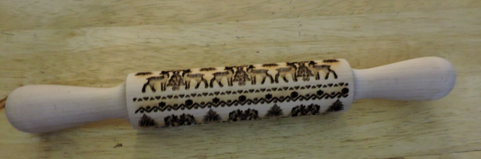 WOODEN EMBOSSED ROLLING PIN (14X1.5 INCHES) REINDEER/TREE DESIGN