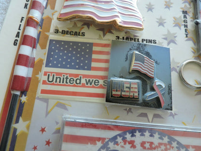PATRIOT PACKAGE: 2 STICK FLAGS, BELT BUCKLE, MAGNET, 3 FLAG DECALS, 3 LAPEL PINS