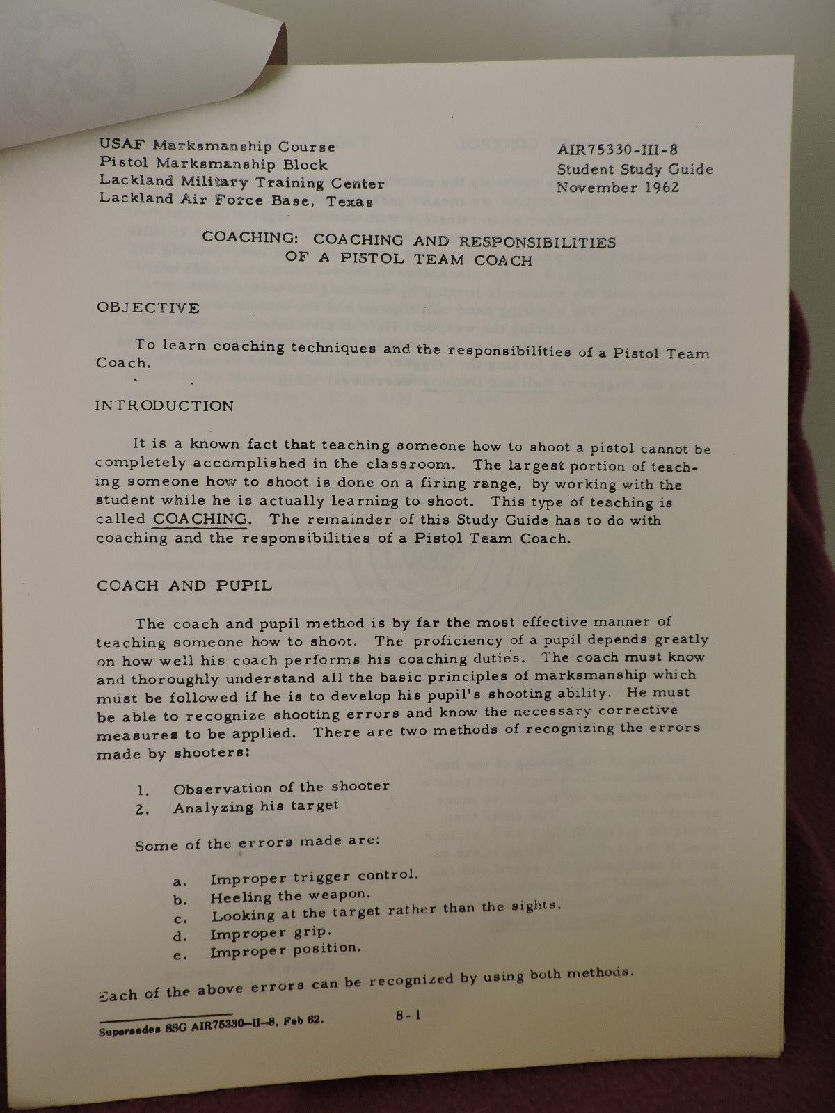 1962 AIR TRAINING COMMAND STUDENT WORKBOOK MARKSMANSHIP INSTRUCTOR COURSE