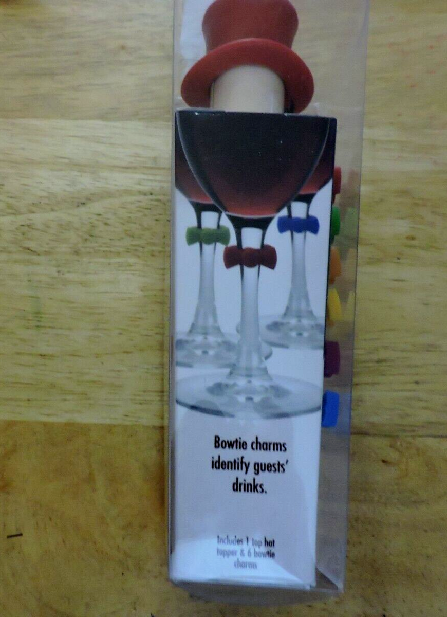 Joie Class Act Set Of 6 Silicone Bow Tie Wine Glass Charms & 1 Bottle Topper