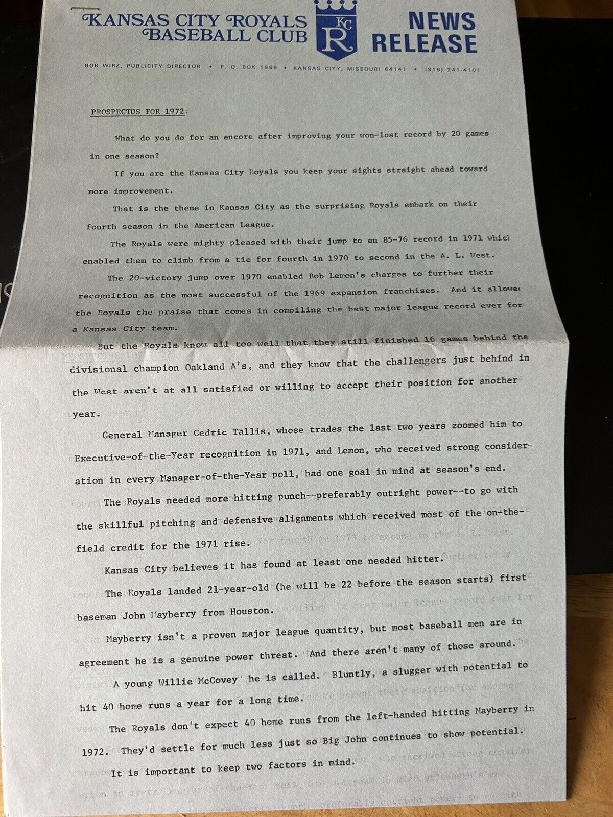 Prospectus for 1972-Kansas City Royals Baseball Club News Release
