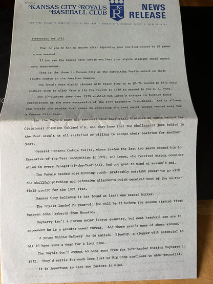 Prospectus for 1972-Kansas City Royals Baseball Club News Release