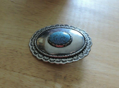 HANDMADE OVAL SHAPE PEWTER BELT BUCKLE WITH TURQUOISE  OVAL STONE 3 X 2.5