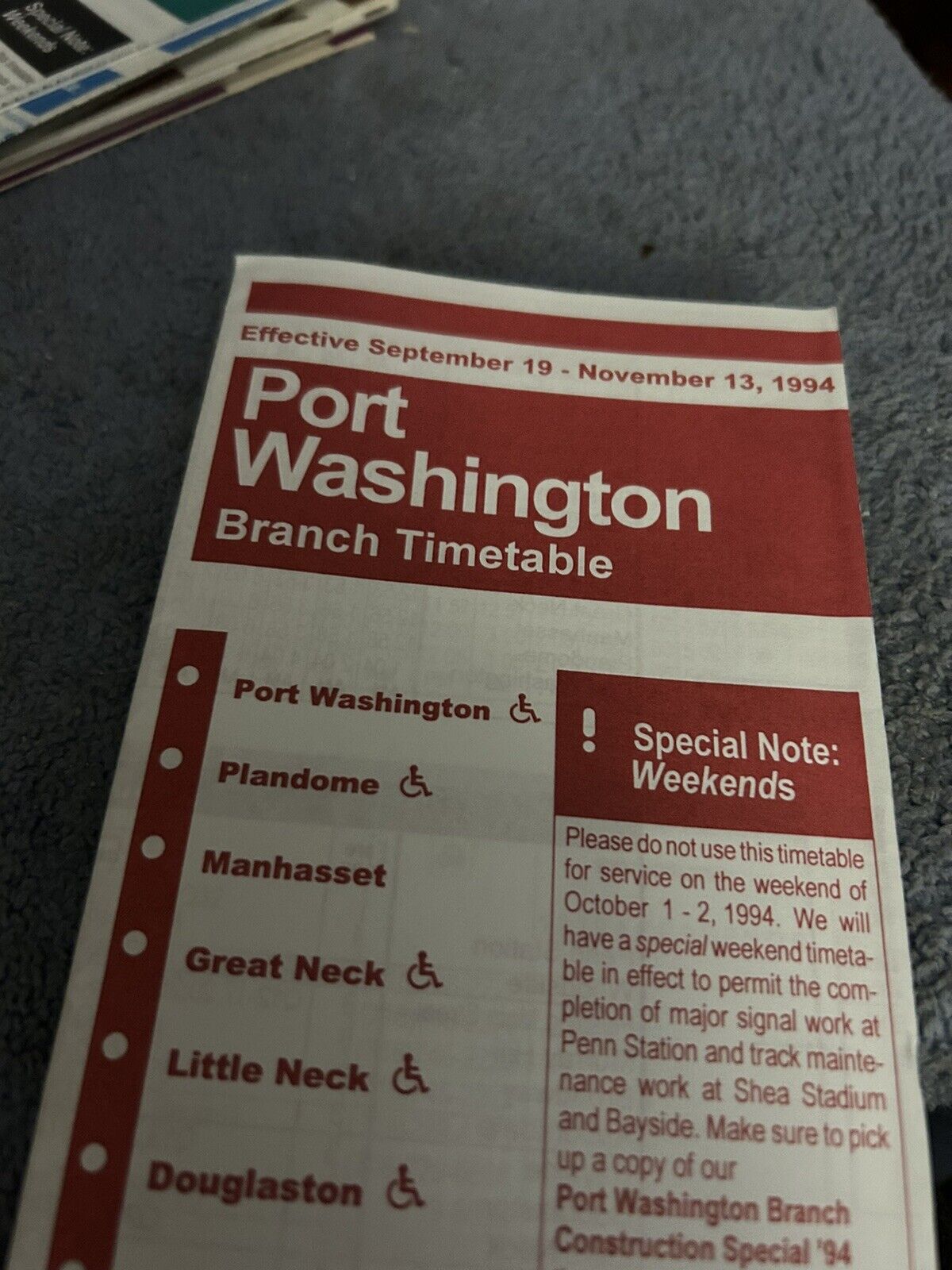 TIMETABLE: LONG ISLAND RAIL ROAD  PORT WASHINGTON  9/19-11/13, 1994