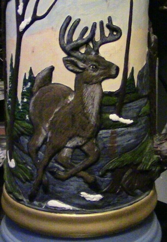 CERAMIK MUG WITH DEER FAMILY PAINTED ON IT  15.5 INCHES TALL/ TOP 4 INCHES BASE