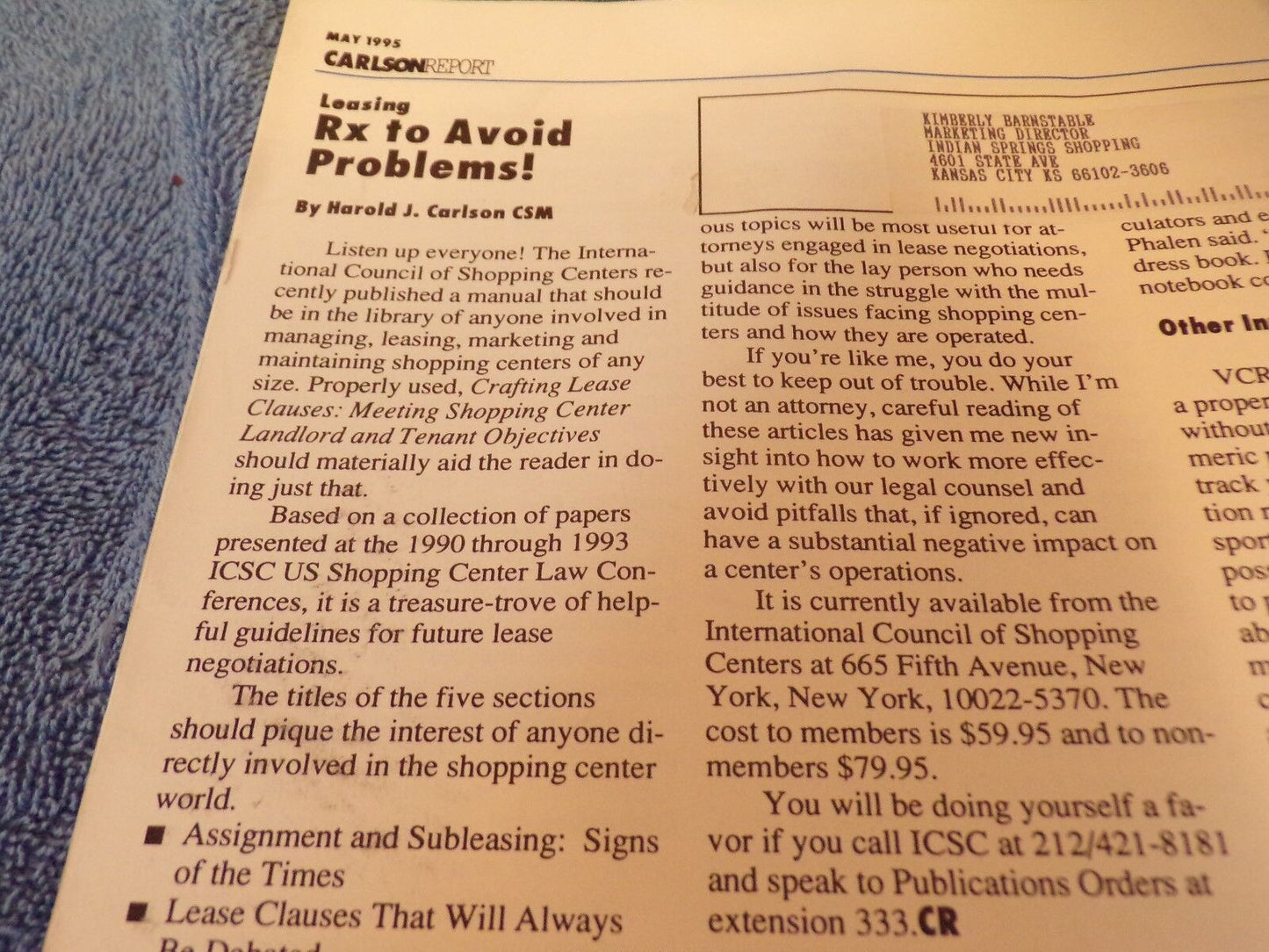 The Carlson Report for Shopping Center Management - May 1995 Edition