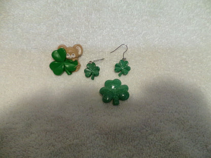 Vintage Set of 4-Leaf Clover Earrings and 2 3 Leaf Clover Lapel Pins Lot