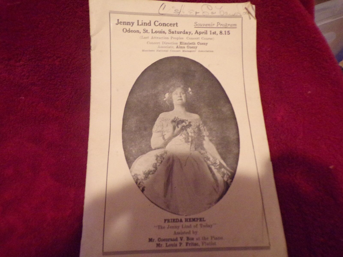 Jenny Lind Concert As sung by Frieda Hempel: April, 1922 Souvenir Program