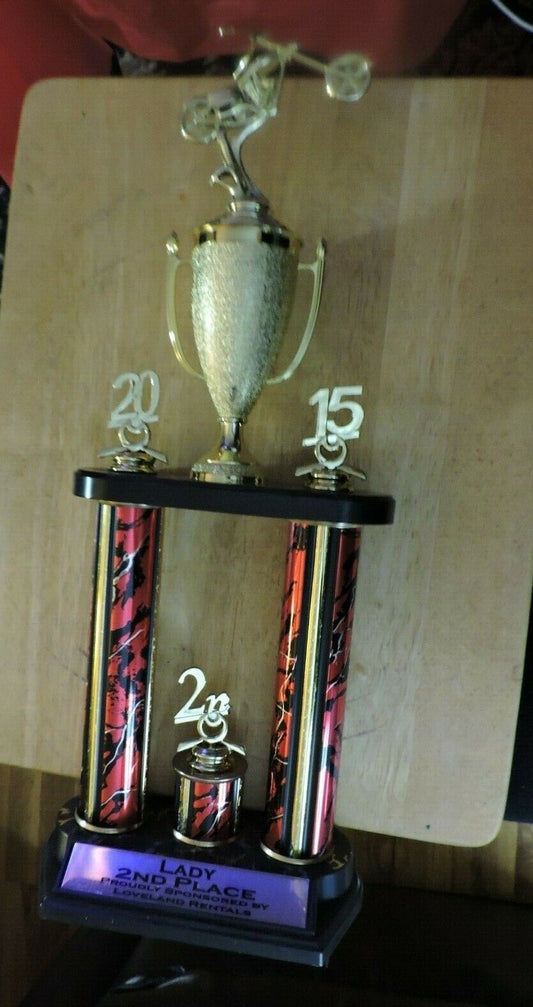 LADY MILD CUSTOM 1ST PLACE BIKE RIDING TROPHY  2011    22X8.5X5 INCHES
