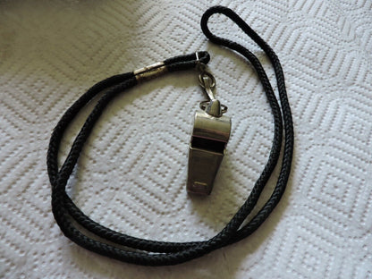 VINTAGE BRASS WHISTLE (WINDSOR CLARION) WITH BLACK LANYARD