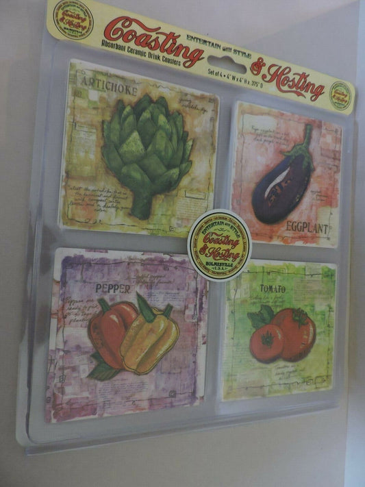 Package of 4 "Coasting and Hosting" Ceramic Coasters: Vegetables-NIB