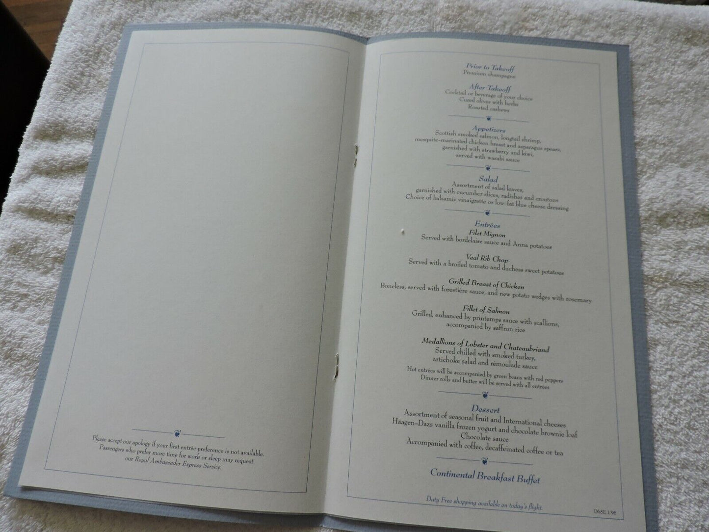COLLECTIBLE TRANS WORLD AIRLINE ROYAL AMBASSADOR FLIGHT MENU
