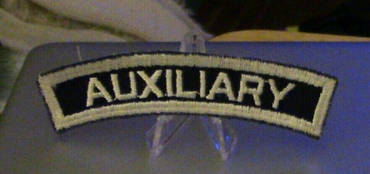 4" Silver Letters/Black Background Rocker Patch: "Auxiliary"