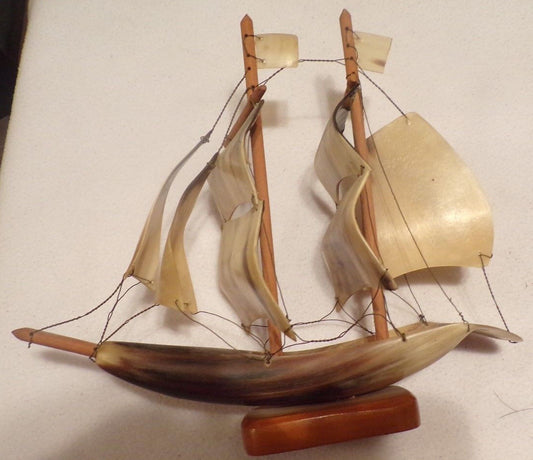 VINTAGE (50's)  KITSCH HAND CRAFTED (CARVED HORN) MODEL OF A SAILING SHIP