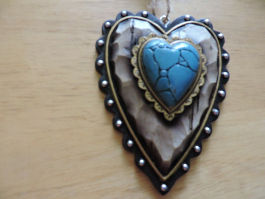 WOOD HEART SHAPE ORNAMENT WITH TURQUOISE HEART SHAPE STONE 4X3 INCHES  2014