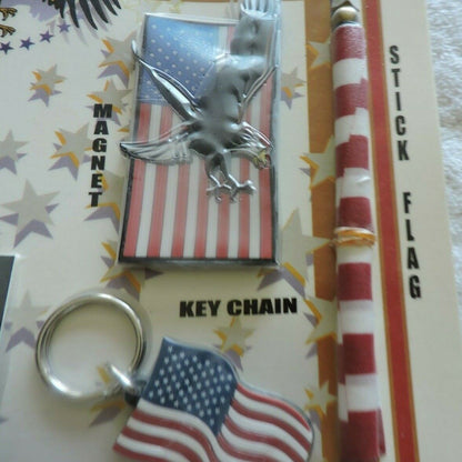 PATRIOT PACKAGE: 2 STICK FLAGS, BELT BUCKLE, MAGNET, 3 FLAG DECALS, 3 LAPEL PINS