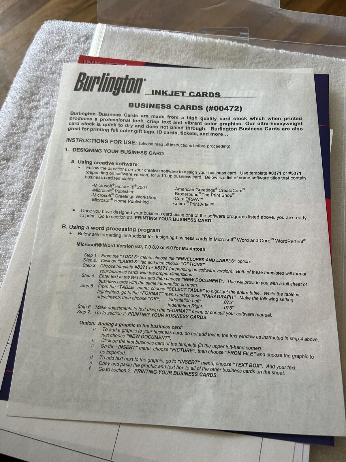 BURLINGTON BUSINESS CARDS--HEAVYWEIGHT --OPENED--22 SHEETS
